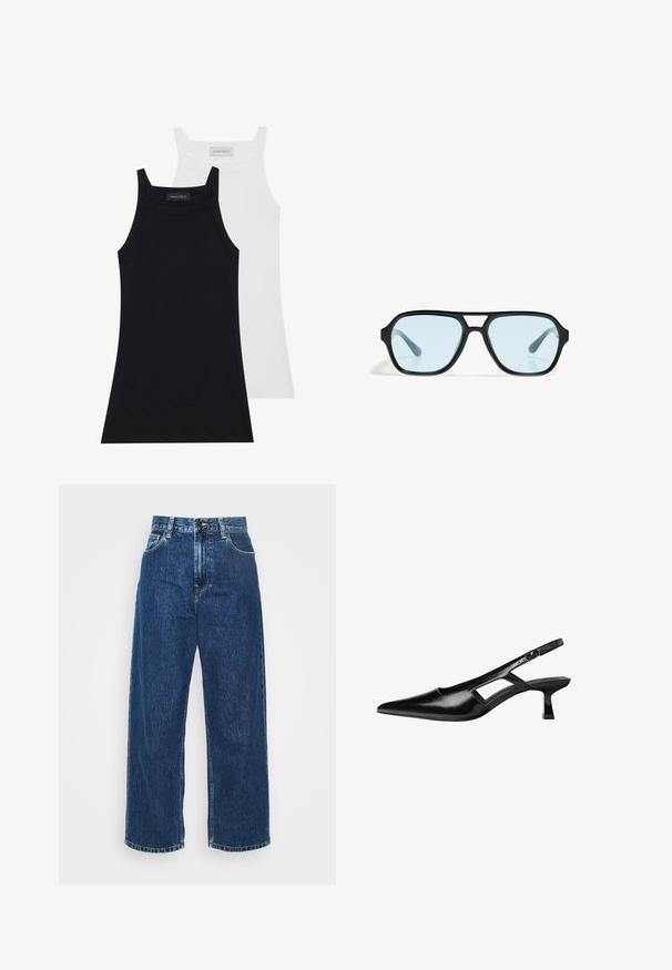 Dva bezrukavnih topa u crnoj i bijeloj boji. Izrađeni su od mekog, rastezljivog materijala s rebrastom teksturom i prilagođenim dizajnom. Imaju uske naramenice.; Svijetloplave traper hlače širokog kroja s visokim strukom, vidljivim šavovima i standardnim džepovima. Imaju zatvaranje na gumb i patentni zatvarač.; Crne lakirane natikače na remenčić sa špicastim nosom, dizajnom sa izrezima sa strane i malim kvadratnim potplatom. Glatka tekstura s minimalnim akcentima.; Crne sunčane naočale s pravokutnim okvirima, plavim staklima i posebnim dizajnom nosača. Elegantna površina, suptilna tekstura.; Steve Madden BDIEGO - Ručna torba - cranberry