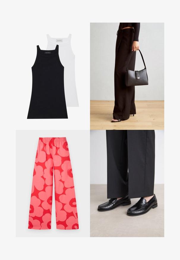 Two sleeveless tops in black and white. Made of soft, stretchy fabric with a ribbed texture and a fitted design. Features narrow straps.; Marimekko VOIMAKUKKA UNIKKO - Trousers - red/pink; Black leather loafers with a smooth finish, stitched detailing around the toe, and a low rubber sole. Paired with wide black trousers.; Black handbag with structured shape, smooth texture, and a metallic clasp. Paired with wide black pants and open-toe sandals on wooden floor.