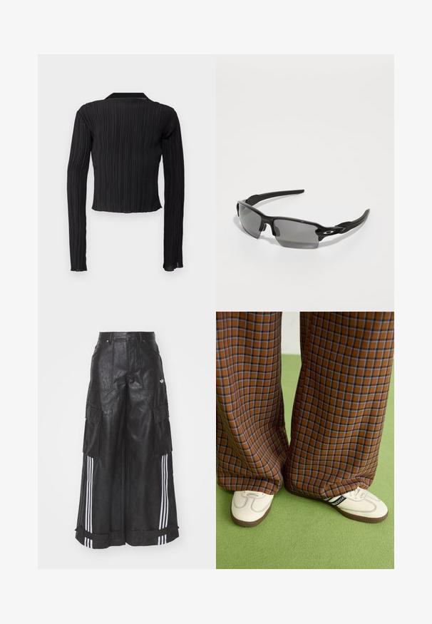 Črni dolg rokav krojeni zgornji del s teksturiranim nabranim dizajnom. Ima klasičen ovratnik in oprijet kroj.; Črne široke cargo hlače iz umetnega usnja s dvema stranskima žepoma, belimi tridelnimi pasovi ob zunanjih nogah in gumbom za zapiranje.; Rjave in modre kariraste hlače širokih nogavic, v kombinaciji z belimi čevlji, ki imajo črne poudarke in teksturirane podplate, na zeleni podlagi.; Črne športne sončne očala z sivimi lečami, zasnovo ukrivljenega okvirja in podrobnostmi logotipa na strani. Narejena iz lahkega plastičnega materiala.