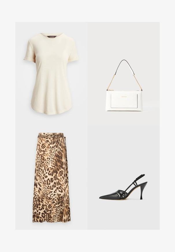 Krémové tričko s krátkym rukávom a okrúhlym výstrihom. Mäkká textúra a uvoľnený strih, s odporúčanými rukávmi a mierne zakriveným lemom.; Dlhá maxi sukňa s leopardím vzorom v béžových a hnedých odtieňoch, s detailom vrkočového pásu. Hladká tkanina s splývavým siluetou.; Čierne kožené vysoké podpätkové sandále so špicatou špičkou, krížovým dizajnom popruhu a úzkym stiletto podpätkom. Hladká textúra a minimálne akcenty.; Biele kožené kabelka s textúrovaným povrchom, ktorá má zlatý retiazkový popruh a čierne akcenty. Obsahuje prednú kapsu a zipsové zapínanie.