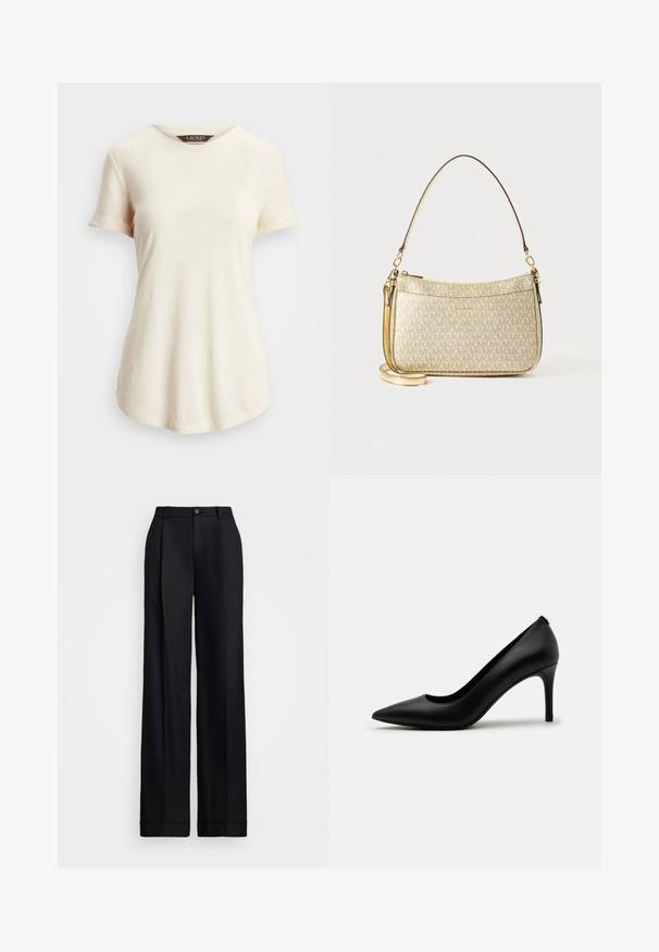 Kremfarget T-skjorte med kort erme og rund hals. Myk tekstur og avslappet passform, med rullede ermekanter og en litt buet splitt.; Svart vide bukser med en glatt finish, flat front, beltehemper og en enkelt knapplukking i midjen.;  svarte høye hæler laget av glatt skinn, med spiss tå og slank stiletthæl. Minimalistisk design uten synlige dekorasjoner.; Gullteksturerte håndvesker med en glatt lærstropp, med glidelås og subtilt logo-mønster trykket på overflaten.