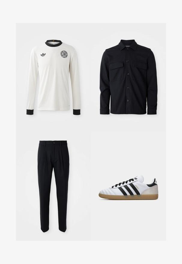 Biela futbalová dlhá rukávová dres s ryhovanou textúrou, čiernym golierom a manžetami, s čiernym logom Adidas a kruhovou grafickou emblémou.; Čierna bunda s dlhým rukávom, golierom, predným zapínaním na gombíky a dvoma náprsními vreckami na jednoduchom bielom pozadí.; Čierne upravené nohavice s prednými skladmi, zapínaním na gombík a pútkami na opasok, zobrazené na bielom pozadí.; Biele tenisky Adidas Samba s čiernymi pruhmi, čiernymi šnúrkami, béžovou semišovou pätou a gumovou podrážkou, zobrazené v ľavom bočnom profilu.