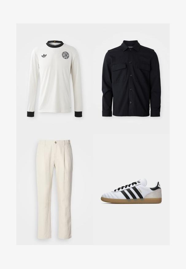Bijela dugosvezna nogometna majica s rebrastom teksturom, crnim ovratnikom i manžetama, s crnim Adidas logotipom i kružnim grafičkim amblemom.; Crna jakna dugih rukava s ovratnikom, prednje zatvaranje na gumbi i dvije prednje džepne preklopne torbice na jednostavnoj bijeloj pozadini.; Bež hlače ravnog kroja s kopčanjem na dugme, petljama za remen i prednjim nabranim detaljima.; Bijela Adidas Samba tenisica s crnim prugama, crnim vezicama, bež nubuk petom i đonom od gume, prikazana u lijevom bočnom profilu.