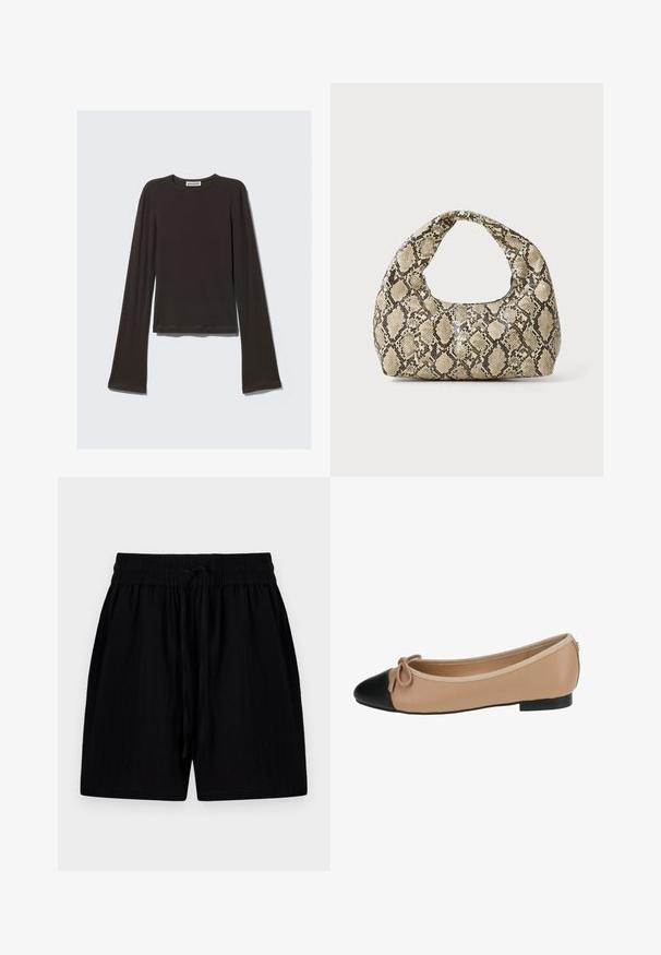 Dunkelgraues Langarmshirt aus weichem Stoff. Hat einen Rundhalsausschnitt, einen taillierten Oberkörper und weit geschnittene Ärmel mit glatter Textur.; Schwarze Shorts aus leichtem Material mit einem verstellbaren Bund, ausgestattet mit Seitentaschen und einer strukturierten Oberfläche.; Ballettflats aus beigem Leder mit einer schwarzen Kappe. Mit einer vorderen Schleifenverzierung und einer glatten Textur. Niedriges Profil mit einer Gummisohle.; Schlangenmuster-Tasche mit einem gebogenen Griff. Hergestellt aus strukturierten, beige- und braunfarbenen Materialien, die ein markantes Diamantmuster aufweisen.