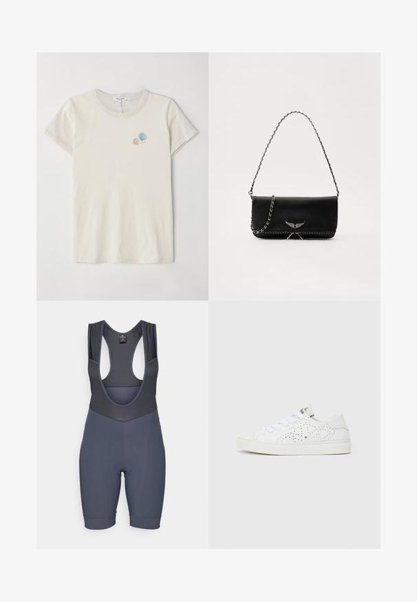 Svetlo béžové bavlnené tričko s okrúhlym výstrihom a krátkymi rukávmi. Obsahuje malé vyšívané dizajny mušlí v pastelových farbách.; Šedé cyklistické šortky s polstrovanou bielizňou a sieťovanými ramennými popruhmi, s okrúhlym výstrihom a priliehavými nohavicami. Vyrobené z elastického a priedušného materiálu.; Biele nízke tenisky s perforovaným dizajnom, plochými šnúrkami a textúrovanou gumovou podrážkou. Vyznačujú sa minimalistickým štýlom a jemným povrchom.; Čierna kožená kabelka so strieborným reťazovým popruhom, so zdobnými krídelnými akcentmi a bielym prešívaním pozdĺž dolného švu.