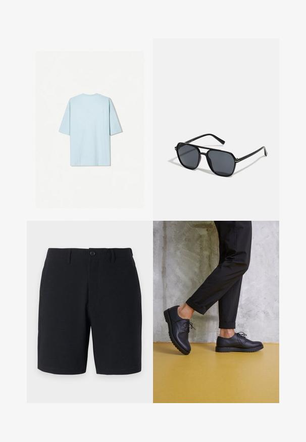 Světle modré bavlněné tričko s kulatým výstřihem, krátkými rukávy a jednoduchým zadním designem se malým horizontálním švem.; Černé šortky s texturovanou tkaninou, zapínáním na knoflík, poutky na opasek a bočními kapsami; přiléhavý střih s čistými, prošitými lemy.; Černé kožené boty se šněrováním, zaoblenou špičkou a texturovanou gumovou podrážkou. Nosit s krátkými černými kalhotami, na pozadí betonové stěny.; Černé sluneční brýle s osmiúhelníkovým rámem, tmavými čočkami, lesklým povrchem, tenkými nožičkami a zlatými akcenty na přední části.