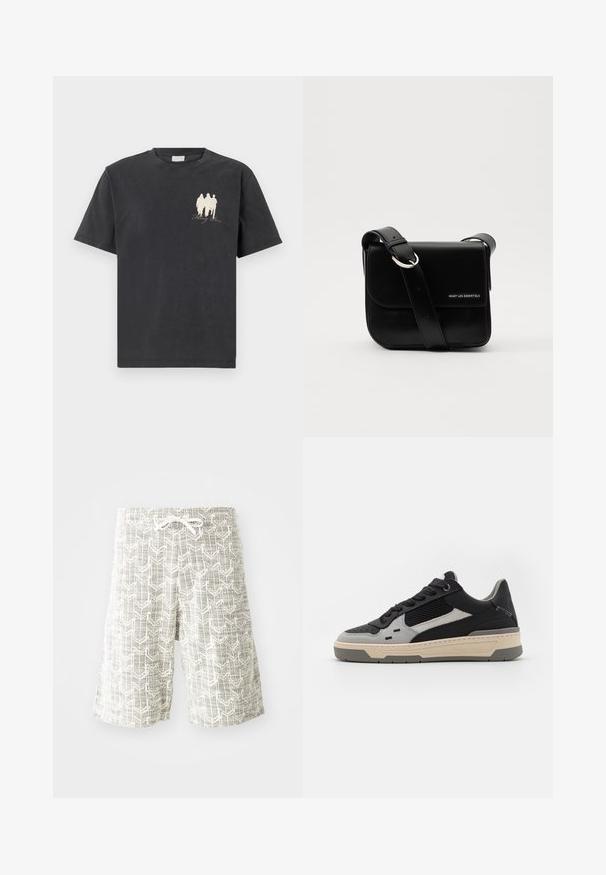 Sort bomulds t-shirt med korte ærmer, der har et lille hvidt grafisk motiv af tre figurer samt teksten "Falling Roses" på venstre side.; Lettere shorts lavet af vævet stof, med et grå og hvidt geometrisk mønster, elastisk talje med snøre og løs pasform.; Sko med sorte og grå paneler, tekstureret mesh, glat læder og en cremet gummisål med et minimalistisk design.; WANT Les Essentiels ARCH CROSSBODY UNISEX - Skuldertasker - black