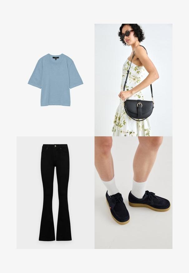 Gaiši zils T-krekls, kas izgatavots no mīksta auduma, ar apaļu kaklu, īsām piedurknēm un brīvu piegriezumu ar minimālu apdari.; Melni augsta jostas šorti ar pogu un rāvējslēdzēju, priekšējām kabatām un izplestām kājām, nolikti uz balta fona.; Tums zilas zamšādas kurpes ar apaļu purngalu, auklu aizdari un krēmkrāsas gumijas zoli. Apvienotas ar baltām ribotām apakšzālēm.; Melnas ādas rokassoma ar izliekta formu, noņemamu siksnu un zelta aksesuāriem. Somai ir vāciņš ar sprādzes detaļu.