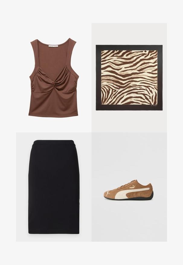 Ruskea hihaton paita, joka on valmistettu joustavasta kankaasta. Siinä on kierretty etutie, ryppyisiä sivuyksityiskohtia ja pyöreä pääntie.; Musta kynähame, joka on valmistettu joustavasta kankaasta, ja jossa on sileä pinta sekä slimmi, suora muotoilu, jossa on istuva vyötärö.; Ruskean nahkaiset alhaiset tennarit, joissa on kerma valkoisia yksityiskohtia, teksturoitu pinta, musta kumipohja ja brodeerattu logo sivulla ja kielessä.; Ruskea ja kerma zebra-kuosisuoja, jossa on teksturoitu pinta, kehystetty mustalla reunuksella. Suunnittelussa on aaltoilevia, orgaanisia viivoja.