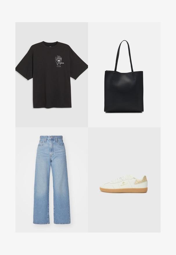 Tricou din bumbac negru cu mâneci scurte, având un grafic al unei mâini și textul "Levi's LA LUNE" în alb pe zona stângă a pieptului.; Jeans cu talie înaltă, de culoare albastru deschis, cu croială largă, dotate cu nasture și fermoar la față, buzunare în față și spate, pe un fundal alb.; Replay PYPER W TRADE - Sneakers low - white; Geantă tote neagră din piele, cu textură netedă, formă rectangulară și două mânere lungi. Fără hardware vizibil sau ornamente.