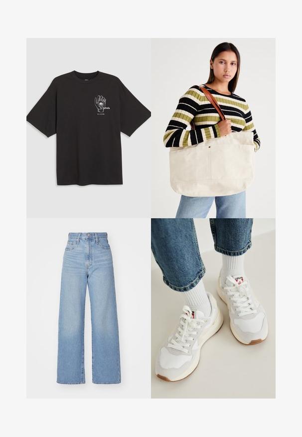 Sort bomulds t-shirt med korte ærmer, der har en håndgrafik og teksten "Levi's LA LUNE" i hvid på venstre brystområde.; Lyseblå højtaljede bukser med bred benåbning, med frontknap og lynlås, samt for- og baglommer, på en hvid baggrund.; Hvide sneakers med beige detaljer, snøring og en struktureret tåboks. Sammen med ribbede hvide strømper og opfoldede blå denim jeans.; Stor beige canvas tote bag med brune læderstropper, der har et minimalistisk design og synlige syninger.