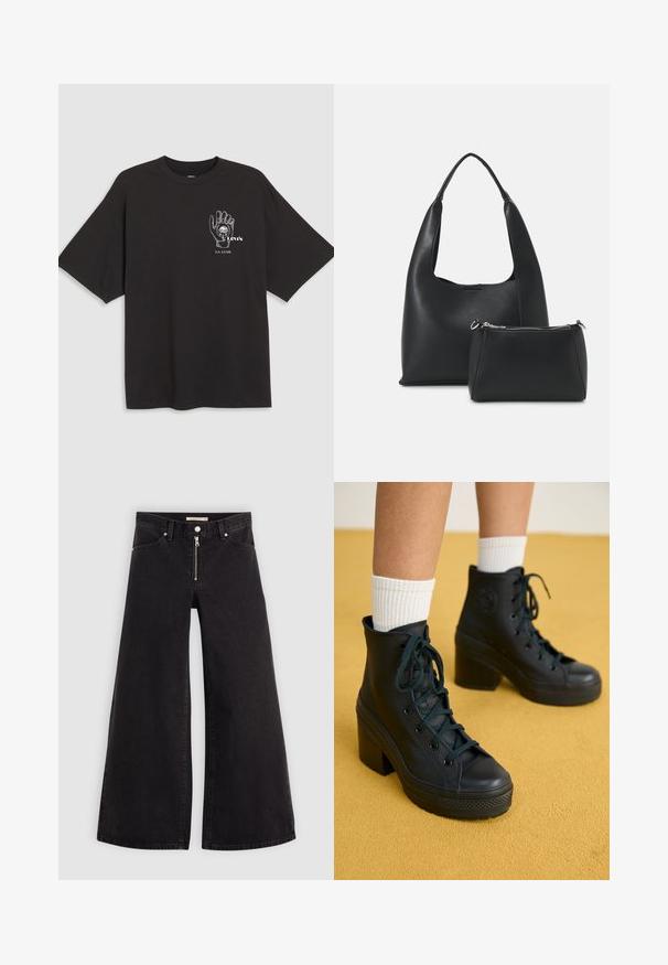 Juodas medvilninis marškinėliai su trumpomis rankovėmis, su ranka grafika ir tekstu "Levi's LA LUNE" balta spalva kairėje krūtinės pusėje.; Plačios kojų džinsai iš juodo džinsinio audinio su užtrauktuku priekyje, penkių kišenių dizainu ir subtiliais siuvinėjimo akcentais. Lygus paviršius ir laisvalaikio stilius.; Juodos aukštos sportinės bateliai su tekstūruotu paviršiumi, su raištelių užsegimu, guminis pirštų dangtelis ir masyvūs kulniukai, suderinti su baltais raibais kojinėmis iki kulkšnies.; Even&Odd Rankinė - black