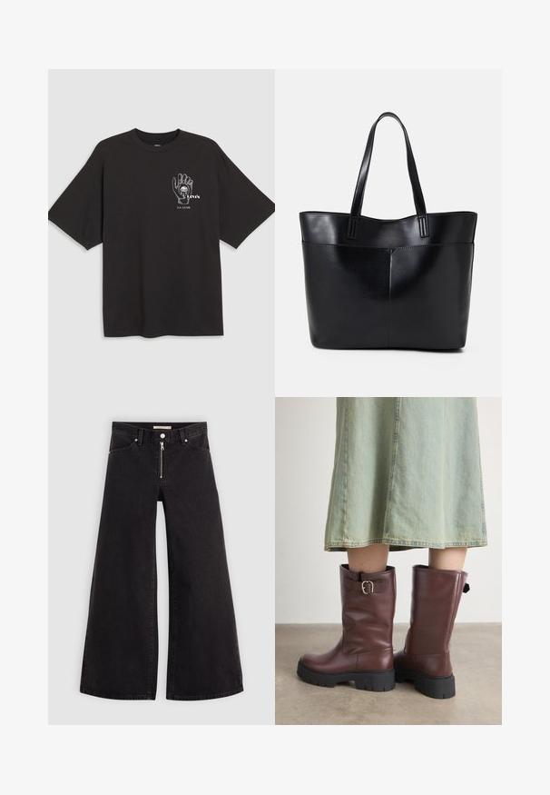 Svart bomull t-skjorte med korte ermer, med et håndgrafikk og teksten "Levi's LA LUNE" i hvitt på venstre brystområde.; Vide benbukser i sort denim med glidelås i front, fem-lomme design og subtile sømdetaljer. Glatt tekstur og avslappet stil.; Brune skinn høye støvler med teksturert overflate, med en side spenne detalj og kraftige svarte gummisåler.; Svart lær toteveske med to lange håndtak, en glatt tekstur og en strukturert form. Har en frontlomme for ekstra oppbevaring.