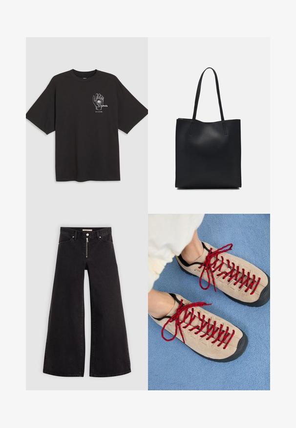 Black cotton t-shirt with short sleeves, featuring a hand graphic and text "Levi's LA LUNE" in white on the left chest area.; Wide-leg jeans in black denim with a zippered front, five-pocket design, and subtle stitching details. Smooth texture and casual style.; Beige shoes with red laces, positioned on a blue textured surface, partially reveal a person's ankle. The shoes have a sporty design.; Black leather tote bag with smooth texture, rectangular shape, and two long handles. No visible hardware or embellishments.