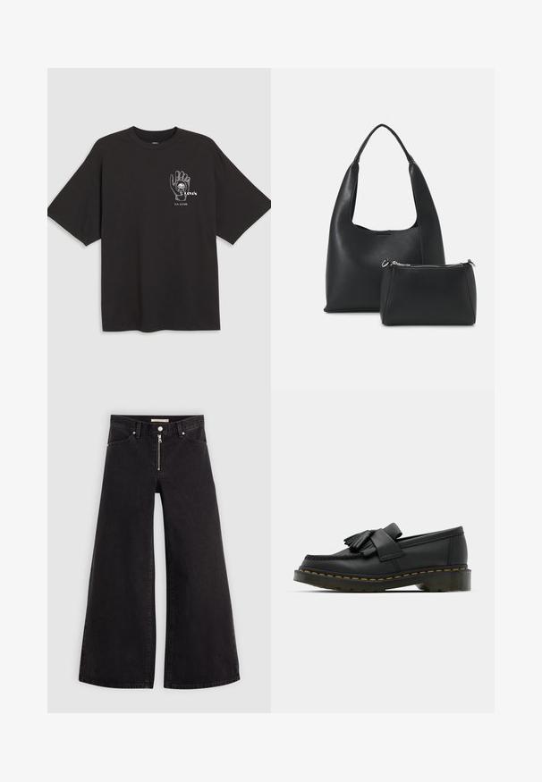 Čierne bavlnené tričko s krátkymi rukávmi, s grafickým prvkom ruky a textom "Levi's LA LUNE" v bielej farbe na ľavej strane hrude.; Dlhé nohavice vo voľnom strihu z čierneho denimu so zipsom vpredu, päť vrecúškovým dizajnom a jemnými stehovými detailmi. Hladká textúra a neformálny štýl.; Čierne kožené poltopánky s okrúhlou špičkou, so strapcovými detailmi a dekoratívnym pásom cez prednú časť, umiestnené na robustnom opätku.; Even&Odd Kabelka - black