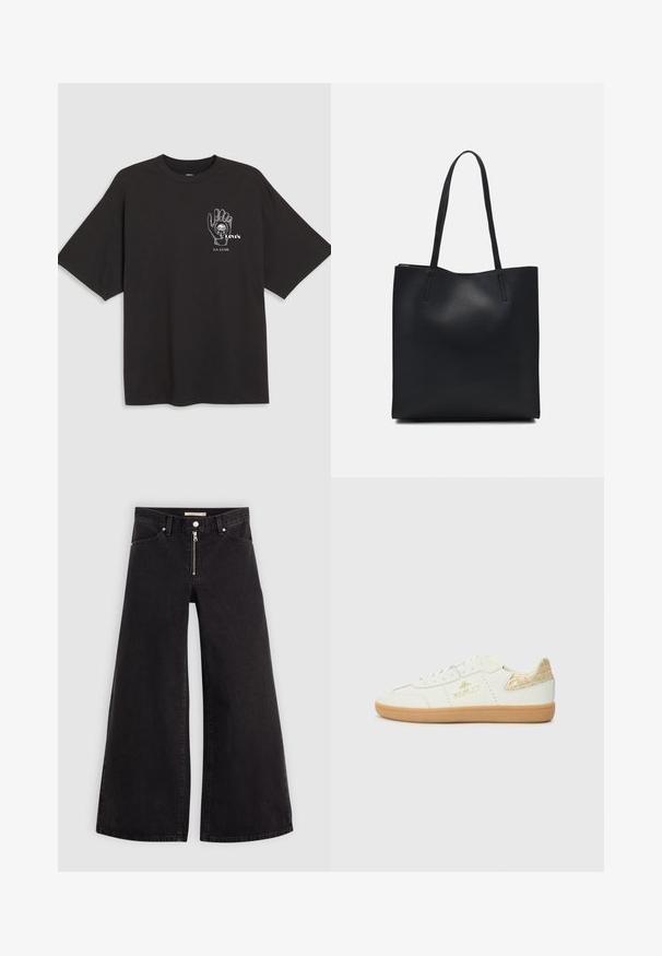 Czarny bawełniany t-shirt z krótkim rękawem, z grafiką dłoni i białym napisem "Levi's LA LUNE" na lewej piersi.; Jeans o szerokich nogawkach w czarnym denienie z zamkiem błyskawicznym z przodu, pięcioma kieszeniami i subtelnymi detalami przeszycia. Gładka tekstura i swobodny styl.; Replay PYPER W TRADE biały; Czarna skórzana torba tote o gładkiej fakturze, prostokątnym kształcie i dwóch długich uchwytach. Brak widocznych elementów metalowych i ozdób.