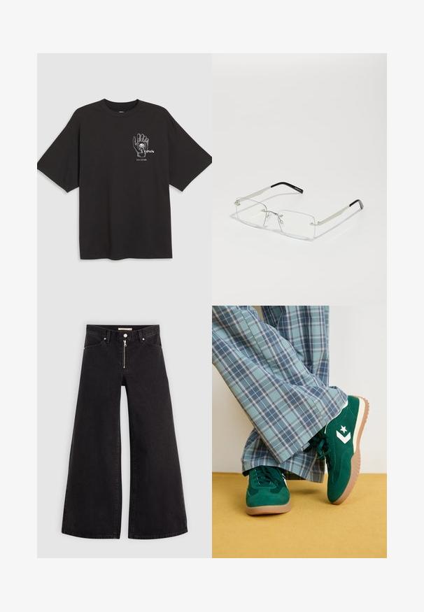 Černé bavlněné tričko s krátkým rukávem, s ručně nakreslenou grafikou a textem "Levi's LA LUNE" v bílé barvě na levé části hrudi.; Džíny s širokými nohavicemi v černém denimovém provedení se zipem vpředu, pěti kapsami a jemnými švy. Hladká textura a ležérní styl.; Zelené semišové tenisky s bílými detaily a hvězdovým logem, v kombinaci s širokými modrými kostkovanými kalhotami, umístěné na žluté podlaze.; Obdélníkové brýle s průhlednými skly, s tenkým stříbrným kovovým rámečkem a černými acetátovými koncovkami. Obsahují minimální komponenty pro elegantní design.