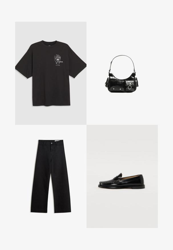 Zwarte katoenen T-shirt met korte mouwen, voorzien van een handafbeelding en de tekst "Levi's LA LUNE" in het wit op de linkerborst.; Zwarte denim broek met wijde pijpen en een hoge taille, voorzien van voor- en achterzakken, gestikte naden en een knoopsluiting. Gladde textuur.; Zwarte leren instapper met een afgeronde neus, decoratieve stiksels en een platte zool. Glad oppervlak en minimalistisch ontwerp.; Zwarte laarzen in lakleer met een gebogen vorm, één schouderband, voorvakken en accenten in zilverkleurig metaal.