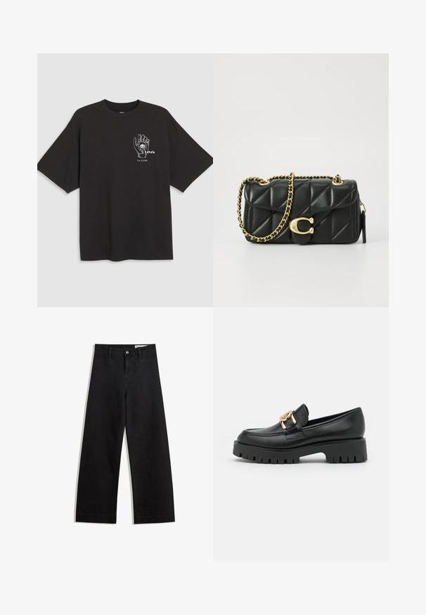 Fekete pamut póló rövid ujjal, bal mellkasán kézi grafikával és fehér "Levi's LA LUNE" felirattal.; Fekete, bő szabású farmernadrág magas derékkal, elülső és hátsó zsebekkel, varrott felületekkel és gombos záródással. Sima textúra.; Fekete bőr lófarok, tömzsi talppal és aranyszínű kiegészítőkkel; lekerekített orral és varrott részletekkel a felső részen.; Fekete steppelt bőr kézitáska arany lánc pánttal és kör alakú akasztóval. Kompakt, téglalap alakú.