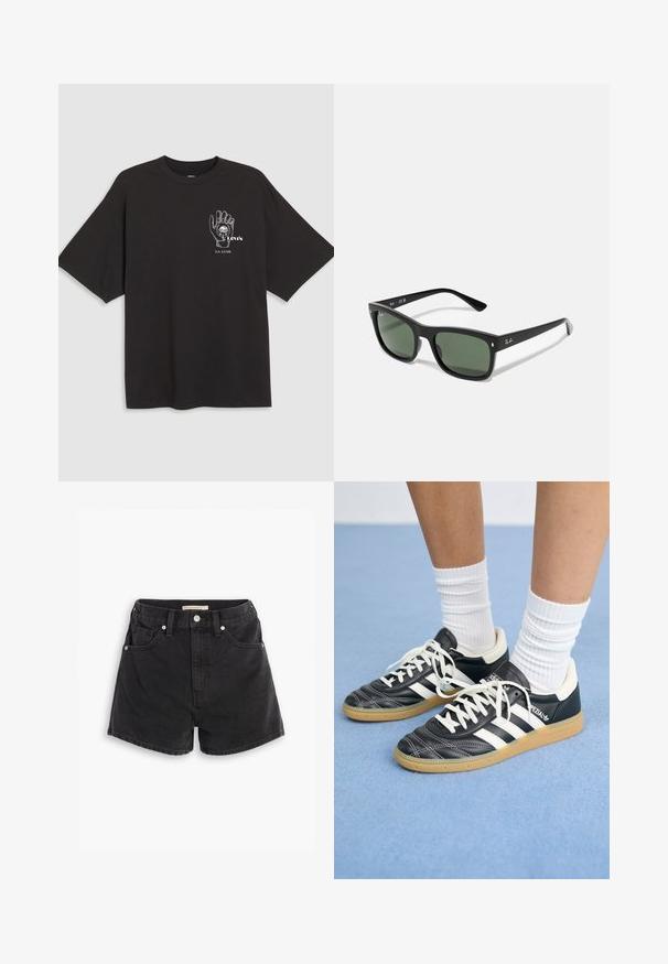 Mustapaita, jossa on lyhyet hihat, kädessä oleva graafinen kuva ja valkoinen teksti "Levi's LA LUNE" vasemmassa rintakohdassa.; Mustat farkkushortsit korkealla vyötäröllä, joissa on kaksi etutaskua, kaksi takataskua ja hopeanväriset jotenkin. Sileä, hieman haalistunut pinta.; Mustat nahkasneakerit valkoisilla raidoilla, pyöreä kärki, valkoiset nauhat ja kumipohja. Korostaa pehmustettua kaulusta ja brändäysohjeita.; Mustat suorakulmaiset aurinkolasit, joissa on tummanvihreät linssit, valmistettu muovista, metalliyksityiskohdilla linssien lähellä ja brändin logo temppelissä.