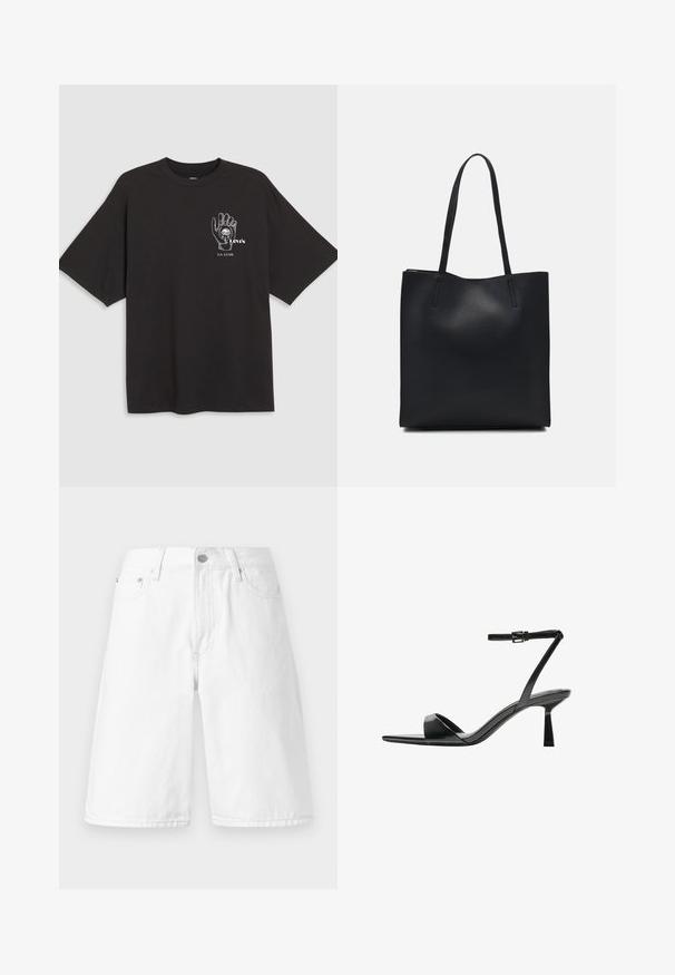 Black cotton t-shirt with short sleeves, featuring a hand graphic and text "Levi's LA LUNE" in white on the left chest area.; White denim shorts featuring a straight cut, front pockets, a button closure, and a clean, smooth texture.; Bershka High heeled sandals - black; Black leather tote bag with smooth texture, rectangular shape, and two long handles. No visible hardware or embellishments.