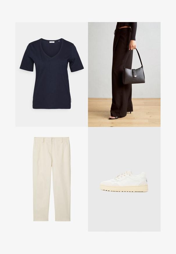 Navyblaue V-Ausschnitt-T-Shirt mit kurzen Ärmeln, aus weichem Baumwollmaterial gefertigt. Verfügt über ein schlichtes Design und ein kleines Markenschild an der Seite.; Marc O'Polo MODERN STYLE TAPERED LEG HIGH RISE WELT POCKET - Chino - chalky sand; Weißer Sneaker mit einem strukturierten Lederobermaterial, beigen Akzenten, runder Zehenpartie und einer dicke, strukturierten Gummisohle. Verfügt über sechs Schnürlöcher.; Schwarze Handtasche mit strukturierter Form, glatter Textur und einem metallischen Verschluss. Kombiniert mit weiten schwarzen Hosen und offenen Sandalen auf einem Holzboden.