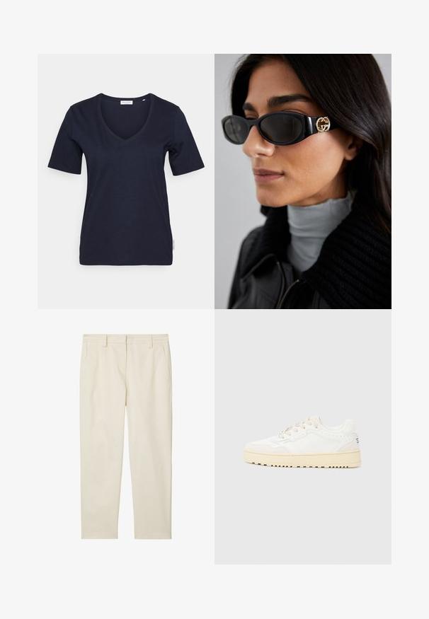 Navyblaue V-Ausschnitt-T-Shirt mit kurzen Ärmeln, aus weichem Baumwollmaterial gefertigt. Verfügt über ein schlichtes Design und ein kleines Markenschild an der Seite.; Marc O'Polo MODERN STYLE TAPERED LEG HIGH RISE WELT POCKET - Chino - chalky sand; Weißer Sneaker mit einem strukturierten Lederobermaterial, beigen Akzenten, runder Zehenpartie und einer dicke, strukturierten Gummisohle. Verfügt über sechs Schnürlöcher.; Schwarze Sonnenbrille mit einem schlanken rechteckigen Rahmen und einem goldenen Logo-Akzent an der Seite. Dunkle Gläser und glänzende Oberfläche sind auffällig.