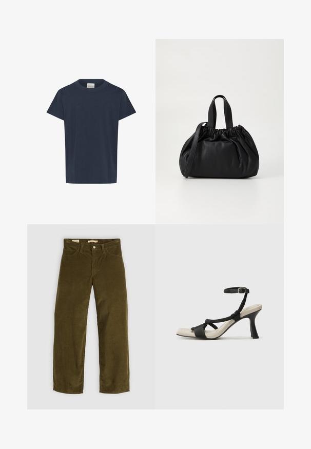 Navy blue cotton T-shirt with short sleeves, crew neckline, and a straight hem. Smooth texture, no patterns or additional embellishments.; Olive green corduroy trousers with a straight leg design, featuring front pockets and a button fly, displaying vertical ribbed texture.; Black heeled sandal with braided strap design, square toe, and adjustable ankle strap. Light beige footbed with a glossy black heel.; Black leather handbag with a gathered top design, featuring two short handles and a long adjustable strap. Smooth texture, rounded shape.