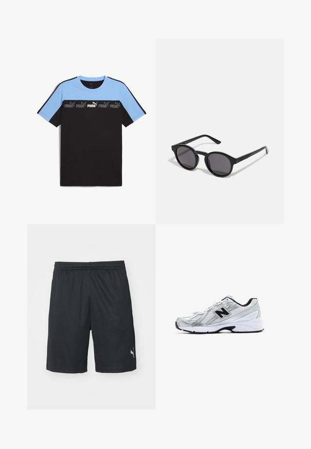 Black and light blue short-sleeve T-shirt with a crew neck. Features a horizontal band displaying multiple Puma logos in white and black.; Puma INDIVIDUALLIGA TRAINING SHORTS OPEN POCKETS  - Sports shorts - black/fizzy apple; Silver athletic shoe with mesh material, black accents, perforated design, and a cushioned white sole. Features a prominent 'N' logo.; Black sunglasses with a round, slightly wavy frame, dark lenses, and straight black arms. Smooth, glossy finish with no visible patterns.