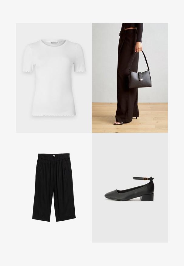 Weißes Kurzarm-T-Shirt aus gerippter Stoffqualität mit rundem Halsausschnitt und gewellten Säumen an den Ärmeln sowie am unteren Rand.; Schwarze Culotte-Hosen mit einem elastischen Bund, ausgestattet mit Seitentaschen und einem glatten, leichten Stoff. Das Design ist locker geschnitten.; Schwarze Lederpumps mit spitzem Zehenbereich und niedrigem Blockabsatz. Mit einem Knöchelriemen und einer goldfarbenen Schnalle. Glatte Textur.; Schwarze Handtasche mit strukturierter Form, glatter Textur und einem metallischen Verschluss. Kombiniert mit weiten schwarzen Hosen und offenen Sandalen auf einem Holzboden.