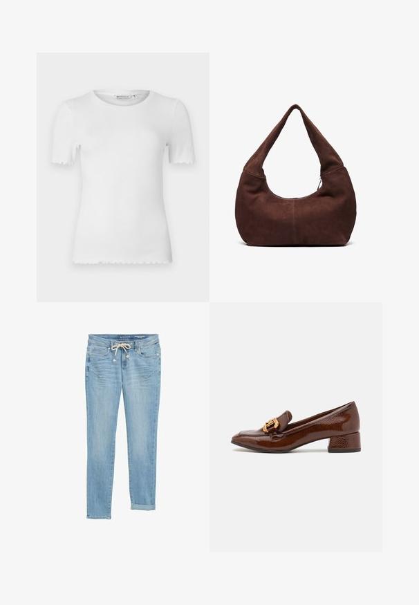 Bela kratka majica s kratkimi rokavi iz rebraste tkanine, z zaobljenim ovratnikom in valovitim robom na rokavih ter spodnjem robu.; Svetlo modri džins hlače s ravnim krojem, elastičnim pasom na vrvico, zvitimi robovi in sprednjimi žepi. Zasnovane z vsakršnim blagim zbledelostjo.; Brahkni usnjeni mokasini z sijočo površino, ki imajo dekorativno zlato zaponko spredaj in nizko blok peto. Klasična zasnova.; Rjava semiš torba hobo z ukrivljenim, širokim ročajem in velikim odprtjem. Mehka tekstura z vidnimi šivi ob robovih.