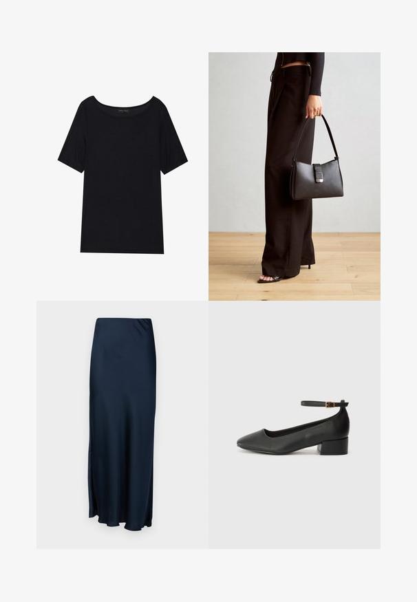 Fekete, rövid ujjas póló, széles dekoltázzsal. Puha, könnyű anyagból készült. Egyszerű, mintás vagy díszítés nélküli dizájn.; Lindex SKIRT MARY - Maxi szoknya - navy blue; Fekete bőr magassarkú cipő hegyes orral és alacsony tömb sarkal. Bokapánttal rendelkezik, aranyszínű csattal. Simább textúra.; Fekete kézi táska strukturált formával, sima textúrával és fémből készült záródással. Széles fekete nadrággal és nyitott orrú szandállal párosítva, fából készült padlón.