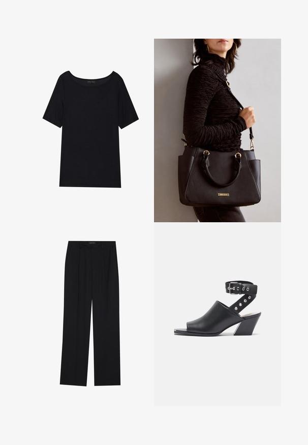 Tricou negru cu mânecă scurtă și guler larg. Confecționat dintr-un material moale și ușor. Design simplu, fără modele sau accente.; Pantaloni negri cu un design drept, dotati cu doua buzunare frontale si un talie. Fabricati dintr-un material usor si neted.; Sandale cu toc din piele neagră, cu vârf decupat, prevăzută cu curea pentru gleznă și închidere cu cataramă, având accente cu nituțe argintii pe curea și toc bloc.; Geantă de umăr neagră cu suprafață texturată, cu două mânere superioare și curea de umăr ajustabilă. Dispune de accesorii metalice de culoare aurie și buzunare laterale.