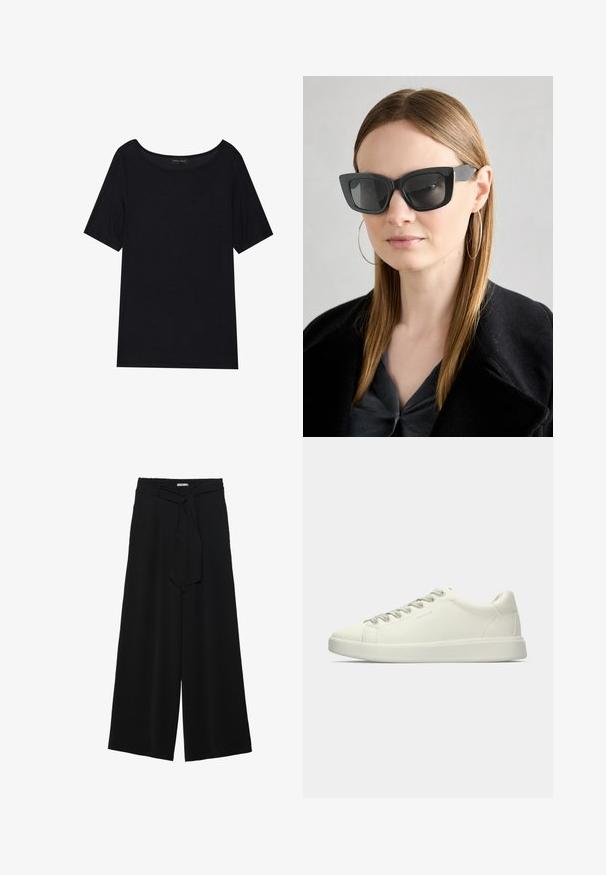 Tricou negru cu mânecă scurtă și guler larg. Confecționat dintr-un material moale și ușor. Design simplu, fără modele sau accente.; Pantaloni largi negri dintr-un material texturat, cu un tiv elastic și o panglică detașabilă la talie pentru un fit ajustabil.; Tenis din piele albă, cu talpă joasă și închidere cu șireturi, prezentat din lateral pe un fundal simplu.; Ochelari de soare negri tip cat-eye cu lentile întunecate, rame groase și accente subtile. Purtați cu o haină neagră și un top gri, având părul lung și drept.