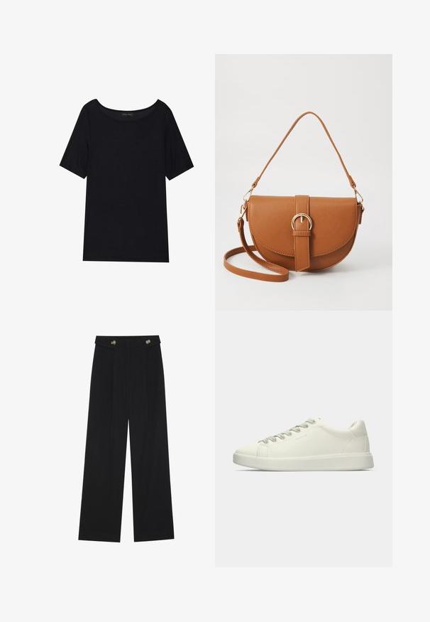 Black short-sleeve T-shirt with a wide neckline. Made of soft, lightweight fabric. Simple design with no patterns or accents.; Black wide-leg trousers with high waist, button details on waistband, and front pleats.; White low-top leather sneaker with lace-up closure and a flat rubber sole shown from the side on a plain background.; Brown leather crossbody bag with a curved shape, gold hardware, and a buckle accent. Features a detachable shoulder strap.