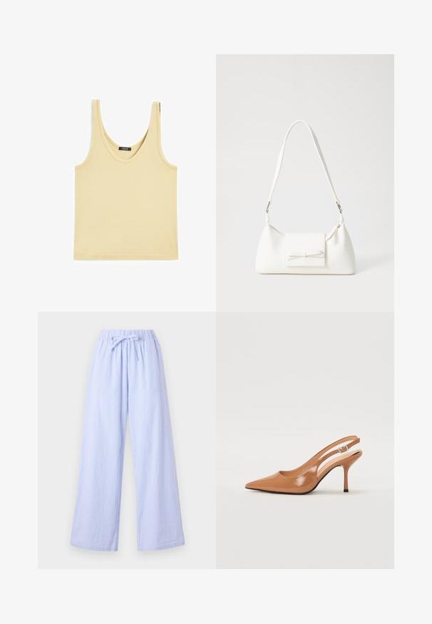 Hellgelbes, geripptes Tanktop mit runder Ausschnittform und breiten Trägern. Flacher Saum am unteren Ende, minimalistisches Design.; Hellblaue gestreifte weite Hose mit elastischem Bund und verstellbarem Bindeband. Aus einem weichen Stoff mit vertikalen Streifen für zusätzliche Textur.; Spitz zulaufender Slingback-Absatz aus einem glatten, glänzenden, tanfarbenen Material. Mit einem geschwungenen Ausschnitt-Design und einem schlanken Stiletto-Absatz. Silberne Schnallendetails.; Weiße synthetische Handtasche in dreieckiger Form, flache Vorderklappe und Schleifendetail, verstellbarer Trageriemen, glatte Textur und minimalistisches Design.