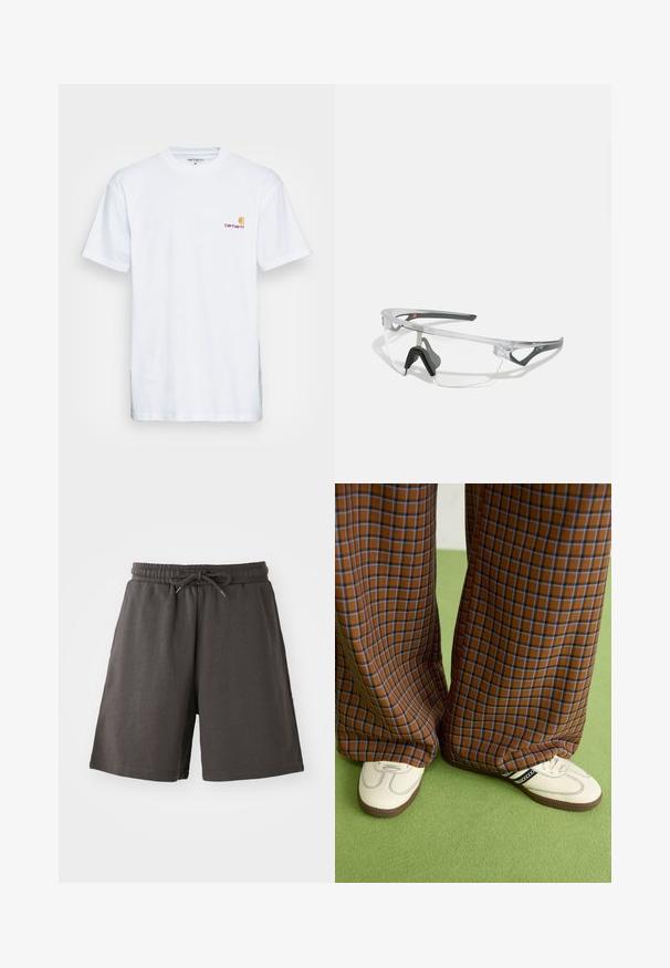 Weißes Baumwoll-T-Shirt mit kurzen Ärmeln. Entworfen mit einem kleinen orangefarbenen und kastanienbraunen Logo auf der linken Brust. Verfügt über einen klassischen Rundhalsausschnitt.; Dunkelgraue Shorts aus weichem Stoff, mit elastischem Bund, verstellbarem Kordelzug und knielangem Schnitt. Glatte Textur, keine Muster.; Braun und blaue Karohosen mit weitem Bein, kombiniert mit weißen Schuhen mit schwarzen Akzenten und strukturierten Sohlen, vor einem grünen Hintergrund.; Klare Schutzbrille mit einem leichten, transparenten Rahmen und grauen Akzenten. Verfügt über ein umschließendes Design und ein verstellbares Nasenstück.