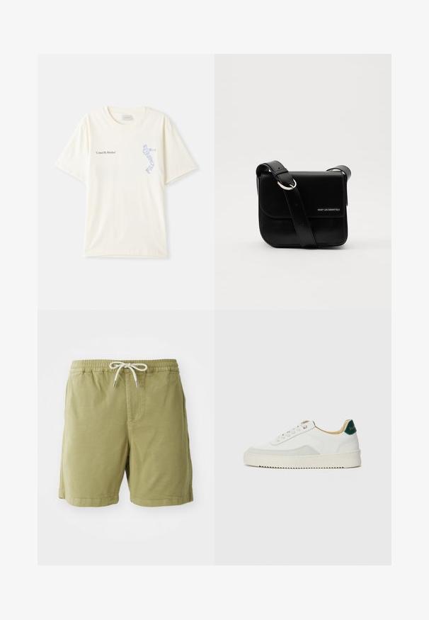 Balts kokvilnas T-krekls ar īsām piedurknēm, ar melnu un zilu grafiku "United By Rhythm" uz krūtīm. Apaļš kakla izgriezums.; NN.07 GREGOR - Šorti - green; Baltas sneakers ar zamša akcentiem, noapaļota purngala, plakaniem auklām un krēmkrāsas gumijas zoli. Ar zaļu zīmolu uz papēža.; WANT Les Essentiels ARCH CROSSBODY UNISEX - Plecu soma - black