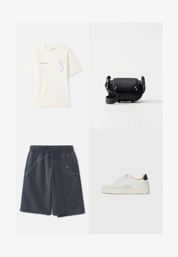 Balta medvilninė marškinėliai trumpomis rankovėmis, su juodu ir mėlynu užrašu „United By Rhythm“ ant krūtinės. Apvalaus iškirpimo dizainas.; Tamsiai pilki medvilnės mišinio šortai, su elastingu juosmeniu, raišteliu, šoninėmis kišenėmis ir geltonomis siūlėmis.; Baltos sportbačiai su zomšos akcentais, apvaliu nosiu, plokščiais raišteliais ir kreminės spalvos guminiu padu. Ant kulno yra žalia ženklinimo detalė.; Juodas odinis per petį nešiojamas krepšys, apvalios formos, su užsegimu ant ruožo, sidabro spalvos detalėmis ir nuimamu diržu.