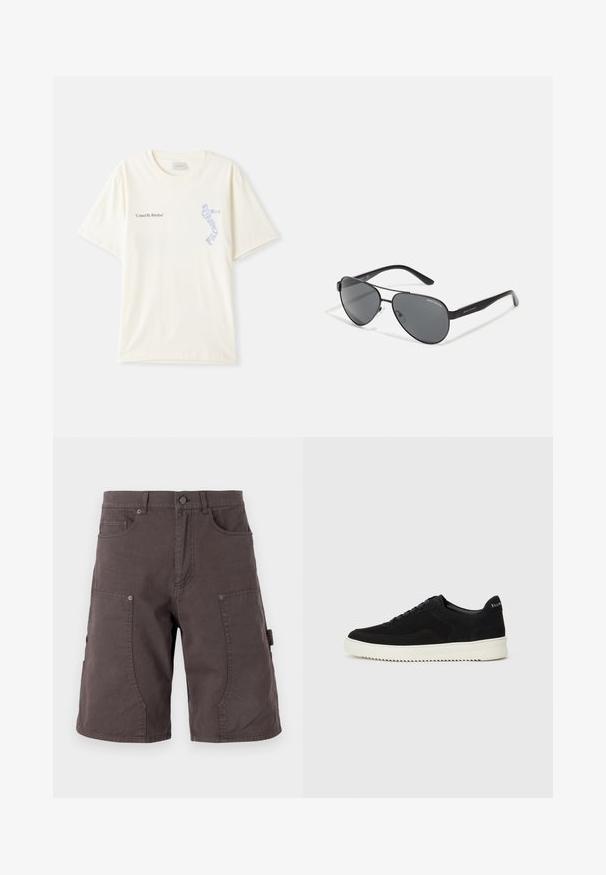 Fehér pamut póló rövid ujjakkal, az „Egy ritmus által összekapcsolva” felirattal fekete és kék grafikával a mellkason. Kerek nyakú kialakítás.; Sötétszürke, pamutból készült cargo sort, elülső zsebekkel, oldalsó cargo zsebekkel, gombos záródással és lábakon díszítő varrással.; Fekete velúr sportcipő fűzős dizájnnal és kontrasztos fehér gumitalppal. Jellemzői a textúrázott oldalpanelek és a diszkrét logó a sarokon.; Fekete pilóta napszemüveg sötét lencsékkel, vékony fém kerettel és karcsú műanyag karokkal, melyeken logó díszítések találhatók.