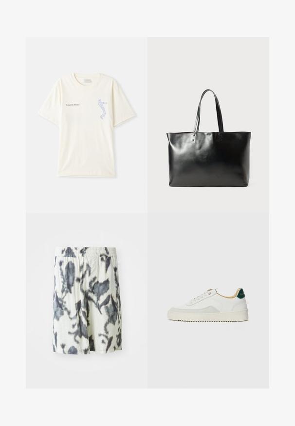 Witte katoenen t-shirt met korte mouwen, met de tekst "United By Rhythm" in zwart en blauwe graphics op de borst. Rond halsontwerp.; Witte shorts met een zwart tie-dye patroon, voorzien van een elastische tailleband en ademend materiaal voor comfort. Casual ontwerp met een losse pasvorm.; Witte sneaker met suède accenten, ronde neus, platte veters en een crème rubberen zool. Bevat groene branding op de hiel.; Zwarte gladde leren tote bag met twee schouderbanden, rechthoekige vorm en subtiele stikdetails op een witte achtergrond.