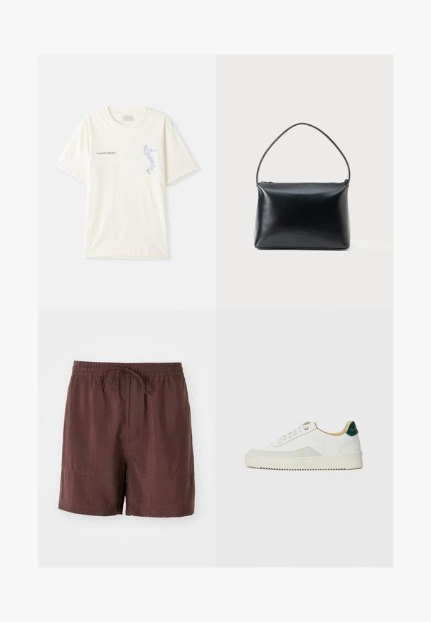 Bela bombažna majica s kratkimi rokavi, na kateri je na prsih napisan tekst "United By Rhythm" v črni in modri grafiki. Oblika z okroglim ovratnikom.; Rjavi, lahki kratki hlače z elastičnim pasom in vrvico. Imajo stranske žepe in gladko, rahlo sijočo teksturo.; Bela trenerka z zaključki iz semiša, okroglo konico, ravne vezalke in kremna gumijasta podplata. Ima zeleno blagovno znamko na peti.; Črna gladka usnjena torbica z enim ukrivljenim ročajem in zgornjim zadrgo za zapiranje, prikazana na enostavni beli podlagi.