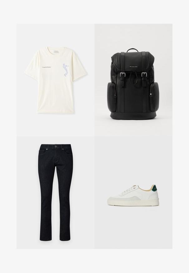 Balts kokvilnas T-krekls ar īsām piedurknēm, ar melnu un zilu grafiku "United By Rhythm" uz krūtīm. Apaļš kakla izgriezums.; Tumšo denimu džinsus ar taisnu kāju dizainu, kam ir priekšējās kabatas, pogu aizdare un kontrastējoša šuvēm. Redzami nav nekādu rakstu vai nolietojuma.; Baltas sneakers ar zamša akcentiem, noapaļota purngala, plakaniem auklām un krēmkrāsas gumijas zoli. Ar zaļu zīmolu uz papēža.; Melnas ādas mugursoma ar teksturētu virsmu, atloka aizdari, metāla piederumiem, sānu rāvējslēdzēja kabatām un zīmola logo priekšpusē.