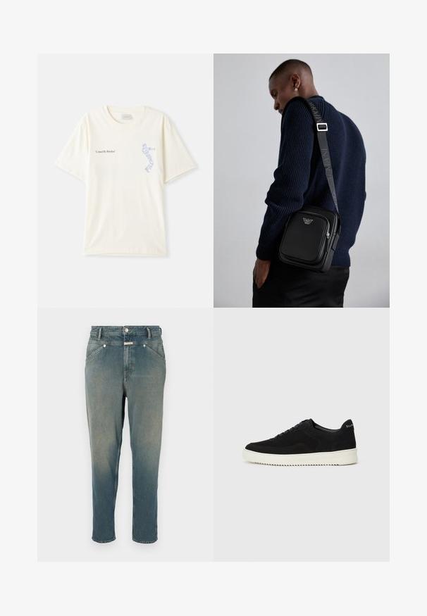 Camiseta de algodón blanca con mangas cortas, que presenta el texto "United By Rhythm" en un gráfico negro y azul en el pecho. Diseño de cuello redondo.; Vaqueros de denim en un azul claro, de corte recto y cintura alta. Presentan trabillas para el cinturón, cinco bolsillos y cierre de botón de metal. Textura ligeramente desgastada.; Zapatilla de ante negra con diseño de cordones y suela de goma blanca contrastante. Presenta paneles laterales texturizados y un sutil logo en el talón.; Bolso cruzado de cuero negro con un compartimento con cremallera, detalle de logo y una correa ajustable de marca. Llevado sobre un suéter de punto azul marino.