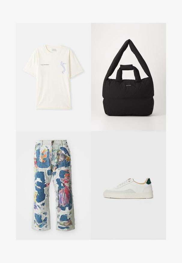 Valge puuvillane t-särk lühikeste varrukatega, millel on rinnal musta ja sinise graafikaga tekst "United By Rhythm". Ümmargune kaelus.; Denim laiad sääred püksid, millel on lõpetamata ja kulunud välimus, sisaldades värvilisi kangaplekke ja suuri lõikeid kogu disaini ulatuses.; Valged tennisjalanõud, millel on sametised aktsendid, ümar varvas, lame nöörid ja kreemjas kummine põhja. Hästi nähtav roheline bränding kannal.; Must toop ja pehmest materjalist õlarihmaga must padded kott, millel on laiem pehme õlarihm ja pealmine käepide. Omab tõmblukuga sulgemist ja diskreetset logo ees.