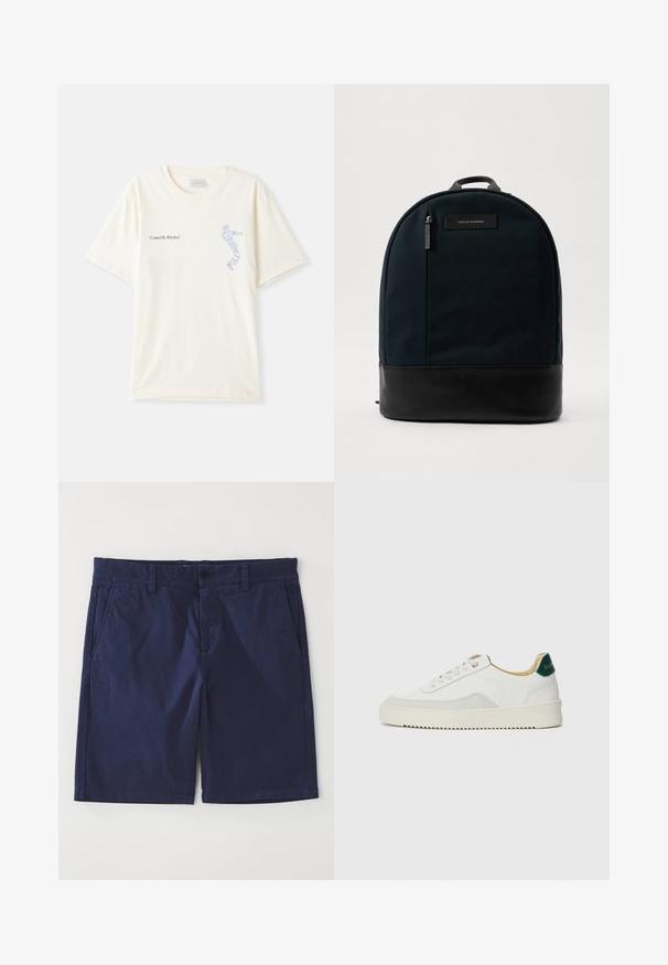 Hvid bomulds t-shirt med korte ærmer, prydet med teksten "United By Rhythm" i sort og blå grafik på brystet. Rund halsdesign.; Mørkeblå bomulds shorts med lige snit, med bæltestropper, lukning med knap foran og to sidelommer. Glat tekstur.; Hvide sneakers med ruskindsdetaljer, rund tå, flade snørebånd og en cremet gummisål. Har grøn branding på hælen.; Rygsæk med en mørkegrøn stofkrop og en sort læderbund. Har et topgreb og en frontlomme med lynlås med en etiket.