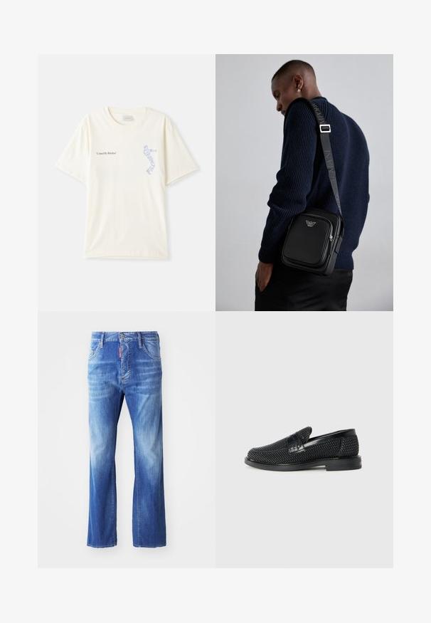 Camiseta de algodón blanca con mangas cortas, que presenta el texto "United By Rhythm" en un gráfico negro y azul en el pecho. Diseño de cuello redondo.; Vaqueros de mezclilla de color azul claro con un corte holgado, que presentan un lavado desgastado, piernas rectas, diseño de cinco bolsillos y una etiqueta roja en la cinturilla.; Zapato negro de tejido con un acento de cuero suave en la parte superior, diseño de punta redonda y suela de goma de perfil bajo.; Bolso cruzado de cuero negro con un compartimento con cremallera, detalle de logo y una correa ajustable de marca. Llevado sobre un suéter de punto azul marino.