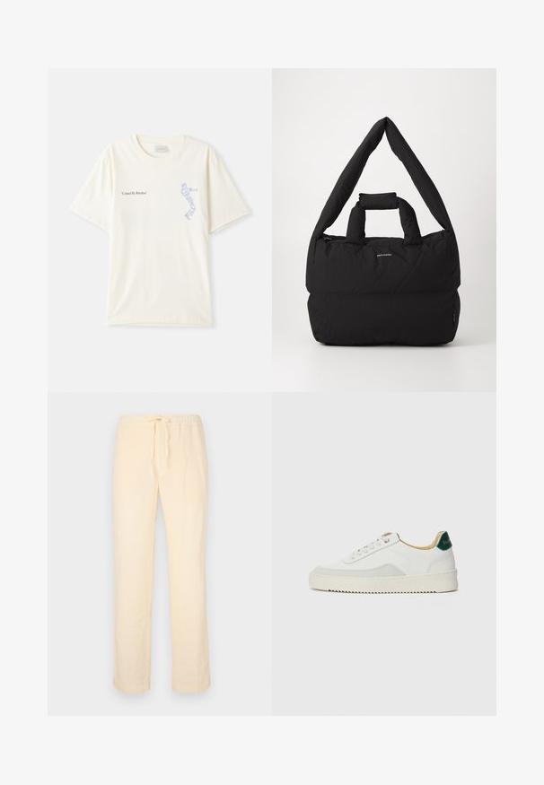 White cotton t-shirt with short sleeves, featuring “United By Rhythm” text in black and blue graphic on the chest. Round neck design.; Light yellow, loose-fitting pants made from soft fabric, featuring an elastic waistband with a drawstring and straight legs.; White sneaker with suede accents, rounded toe, flat laces, and a cream rubber sole. Features green branding on the heel.; Black padded bag with a wide, soft shoulder strap and top handle. Features a zip closure and a subtle logo on the front.