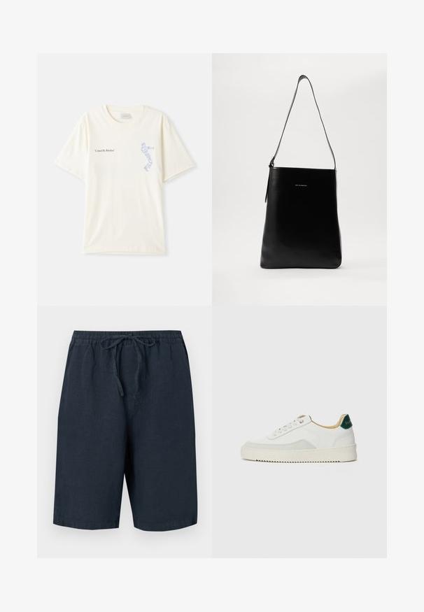 White cotton t-shirt with short sleeves, featuring “United By Rhythm” text in black and blue graphic on the chest. Round neck design.; Dark navy linen shorts with an elastic waistband and adjustable drawstring. Features side pockets and a relaxed fit.; White sneaker with suede accents, rounded toe, flat laces, and a cream rubber sole. Features green branding on the heel.; Black leather shoulder bag with a smooth texture, rectangular shape, and a long strap; features a small white logo at the center.