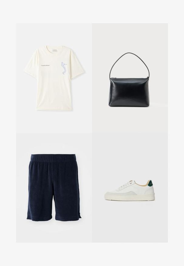 Balta medvilninė marškinėliai trumpomis rankovėmis, su juodu ir mėlynu užrašu „United By Rhythm“ ant krūtinės. Apvalaus iškirpimo dizainas.; Tamsiai mėlynos frotė šortai su elastinga juosta, iki kelių ilgio ir šoninėmis kišenėmis. Minkšta tekstūra ir paprastas dizainas.; Baltos sportbačiai su zomšos akcentais, apvaliu nosiu, plokščiais raišteliais ir kreminės spalvos guminiu padu. Ant kulno yra žalia ženklinimo detalė.; Juodas lygaus odos rankinės su viena išlenkta rankena ir užtrauktuku viršuje, rodoma prieš paprastą baltą foną.